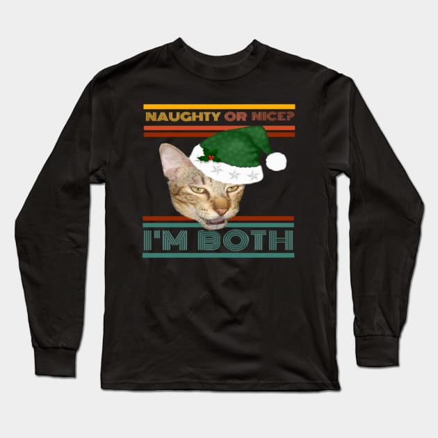 Naughty Or Nice? I'm Both Funny Retro Text Design with Cat in Green Santa Hat with Holly Long Sleeve T-Shirt by aspinBreedCo2